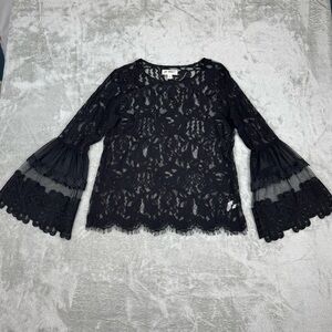 Say What? Black Lace Blouse Semi Sheer Bell Sleeves Long Sleeves Large Party